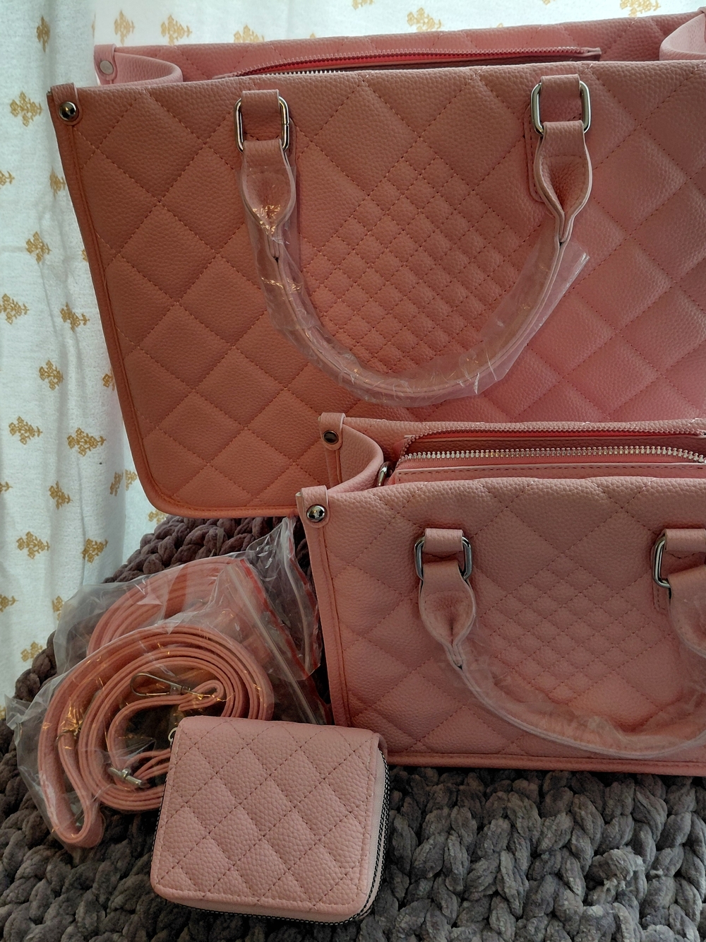 Quilted Soft Pink Tote and Crossbody Bag Set